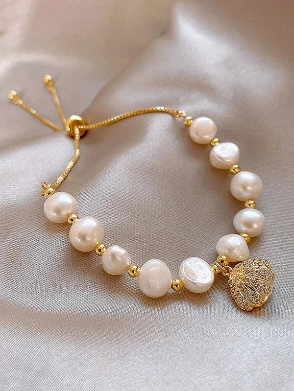 Rhinestone Shell Charm Natural Pearl Decor Bracelet