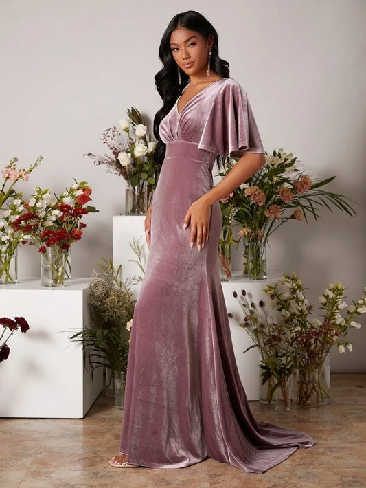 Belle 1pc Keyhole Back Butterfly Sleeve Maxi Velvet Bridesmaid Dress