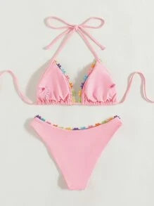 Appliques Triangle Halter Bikini Swimsuit