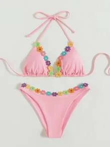 Appliques Triangle Halter Bikini Swimsuit