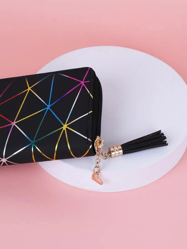 Tassel Charm Geometric Pattern Long Wallet