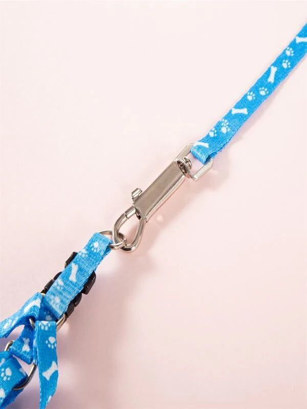 1pc Bone Print Pet Harness & 1pc Leash Set