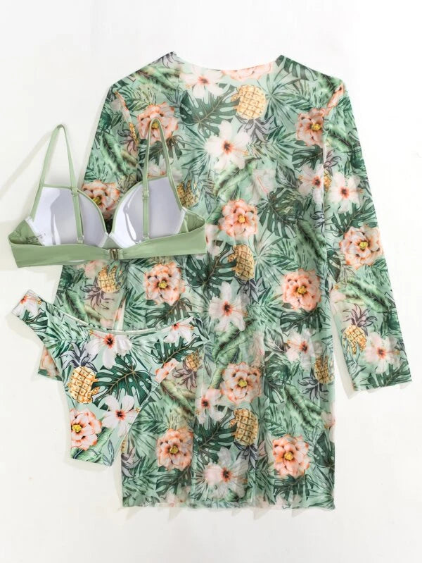 3pack Plant Print Push Up Bikini Swimsuit & Kimono