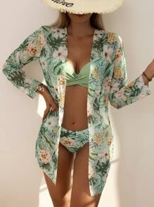 3pack Plant Print Push Up Bikini Swimsuit & Kimono