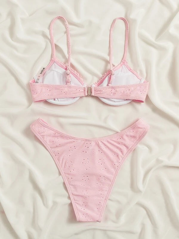 Frill Trim Eyelet hímzés Push Up bikini fürdőruha