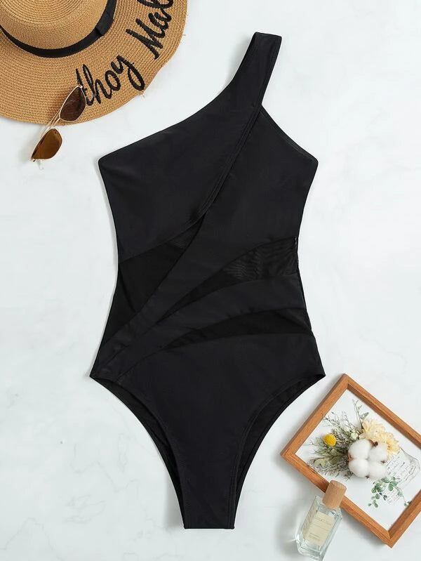 Plain Contrast Mesh One Shoulder One Piece Swimsuit