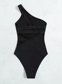 Plain Contrast Mesh One Shoulder One Piece Swimsuit