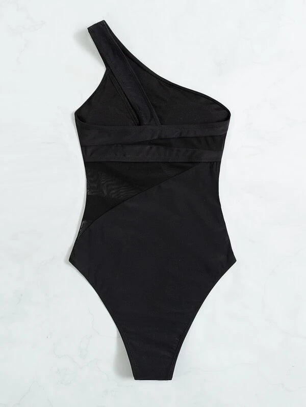 Plain Contrast Mesh One Shoulder One Piece Swimsuit