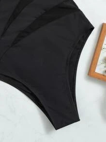 Plain Contrast Mesh One Shoulder One Piece Swimsuit