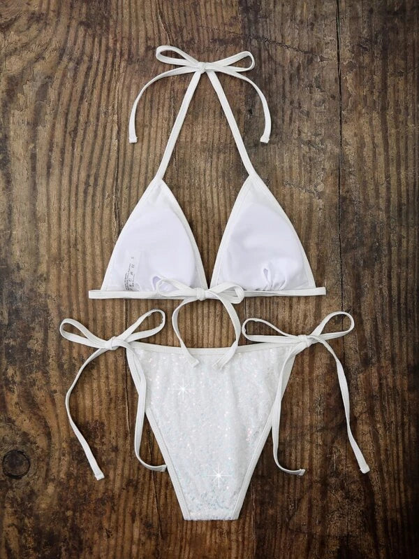 Kontraszt flitteres Halter Micro Triangle bikini fürdőruha