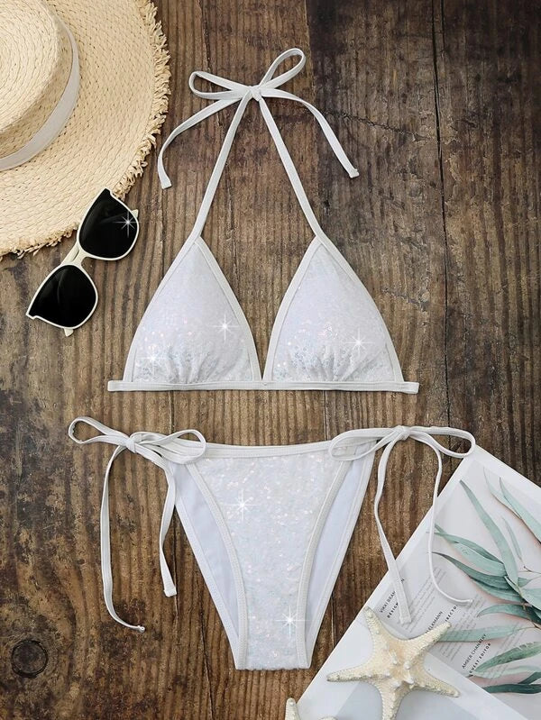 Kontraszt flitteres Halter Micro Triangle bikini fürdőruha