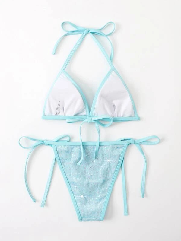 Contrast Sequins Micro Triangle Tie Side Bikini Swimsuit