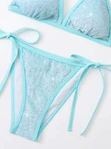 Contrast Sequins Micro Triangle Tie Side Bikini Swimsuit