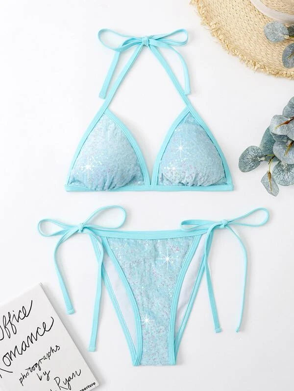 Contrast Sequins Micro Triangle Tie Side Bikini Swimsuit