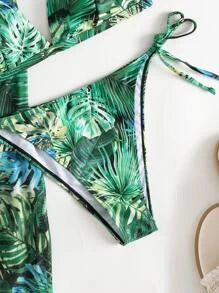 Tropical Print Halter Triangle Bikini Swimsuit With Kimono