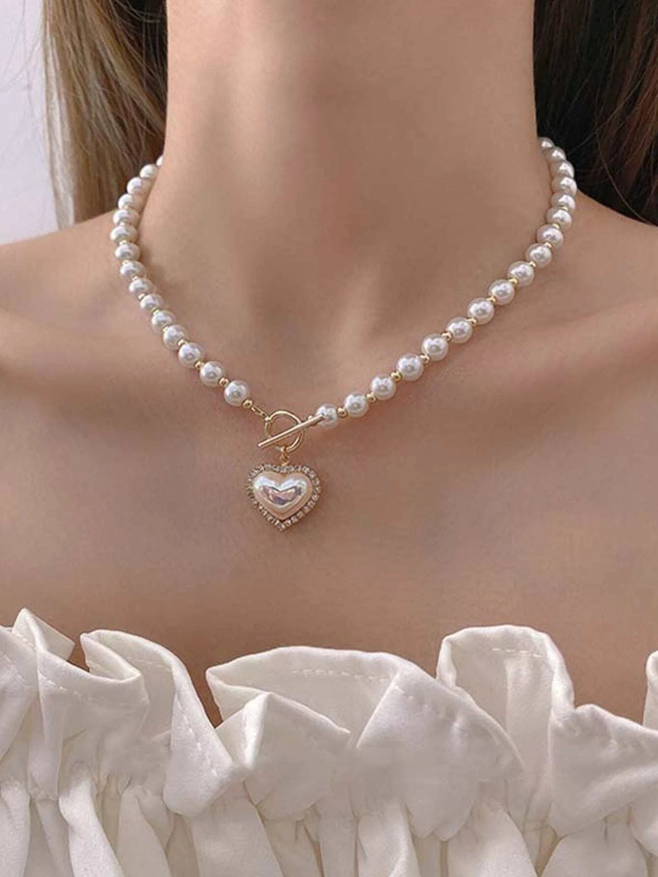 Faux Pearl & Rhinestone Decor Heart Charm Necklace ía1