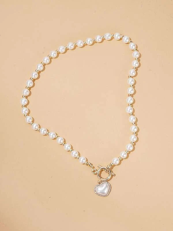 Faux Pearl & Rhinestone Decor Heart Charm Necklace ía1