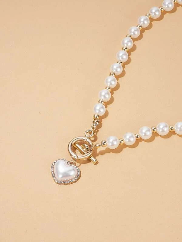 Faux Pearl & Rhinestone Decor Heart Charm Necklace ía1