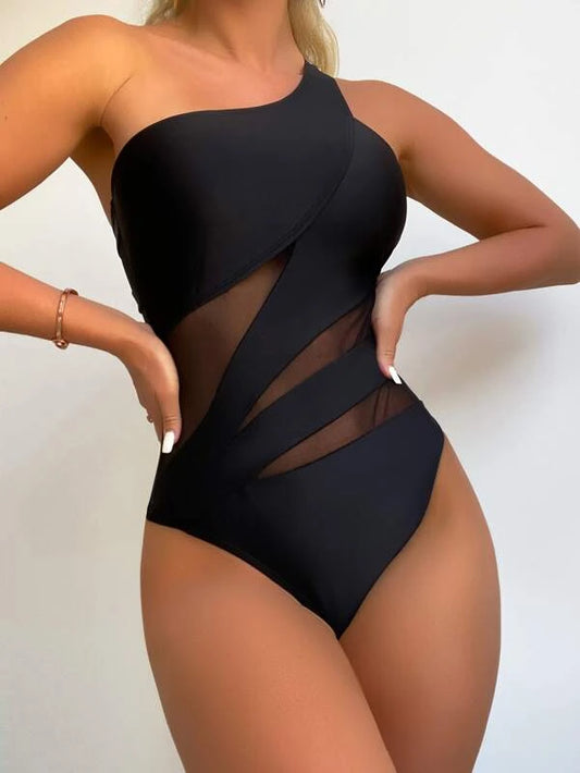 Plain Contrast Mesh One Shoulder One Piece Swimsuit