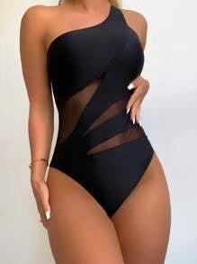 Plain Contrast Mesh One Shoulder One Piece Swimsuit