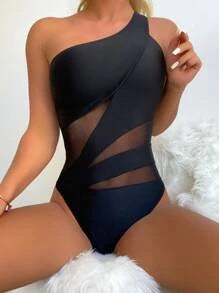 Plain Contrast Mesh One Shoulder One Piece Swimsuit