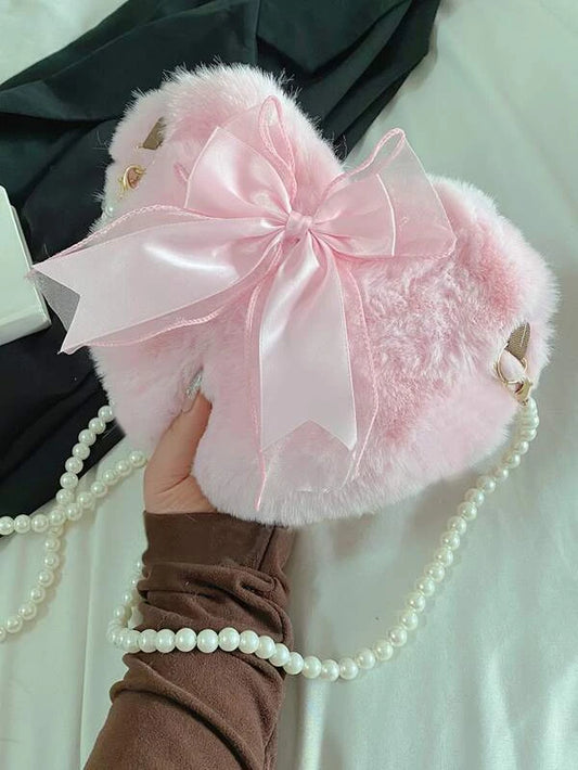 Mini Bow Decor Faux Pearl Beaded Fluffy Heart Shaped Novelty Bag as