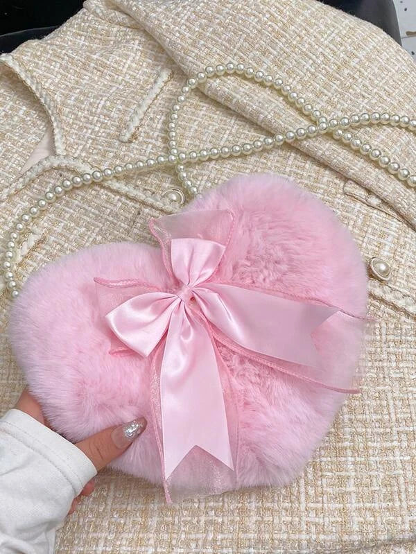 Mini Bow Decor Faux Pearl Beaded Fluffy Heart Shaped Novelty Bag as