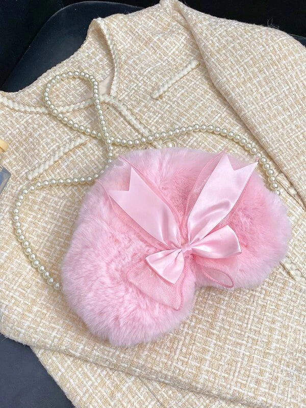 Mini Bow Decor Faux Pearl Beaded Fluffy Heart Shaped Novelty Bag as