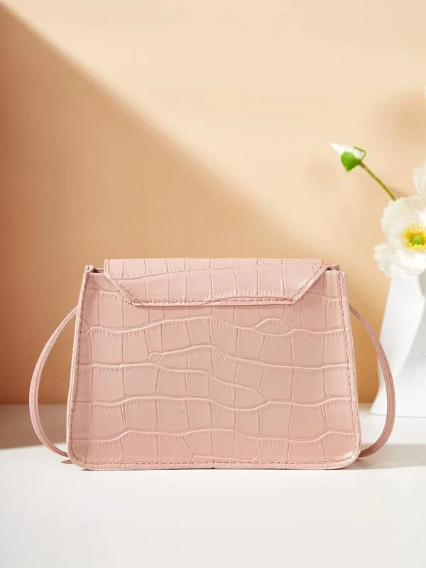 Mini Crocodile Embossed Faux Pearl Decor Flap Square Bag