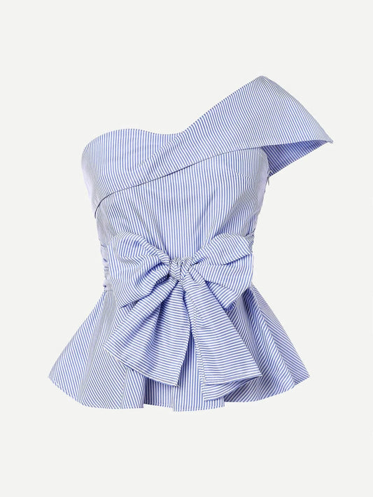 Pinstriped One-Shoulder Bow Peplum Top