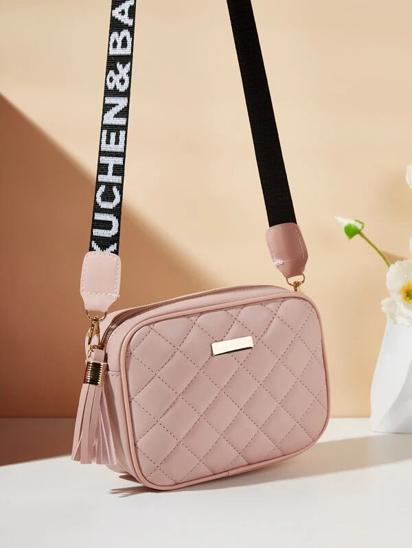 Mini Tassel & Metal Decor Letter Graphic Quilted Square Bag