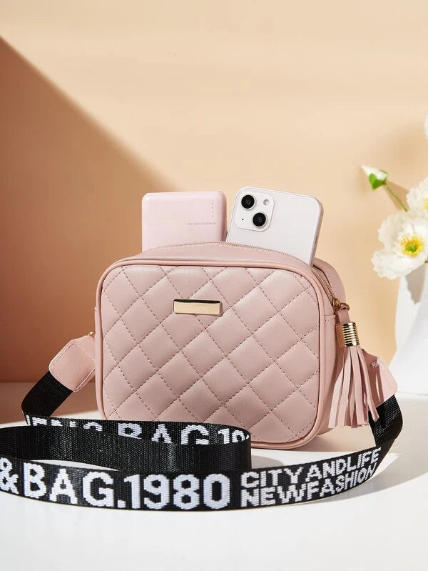 Mini Tassel & Metal Decor Letter Graphic Quilted Square Bag