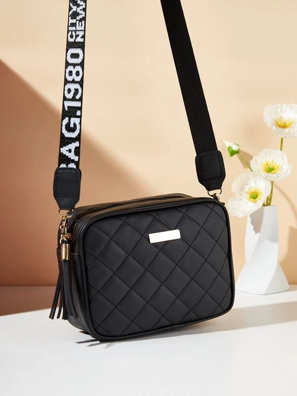 Mini Letter Graphic Tassel & Metal Decor Quilted Square Bag