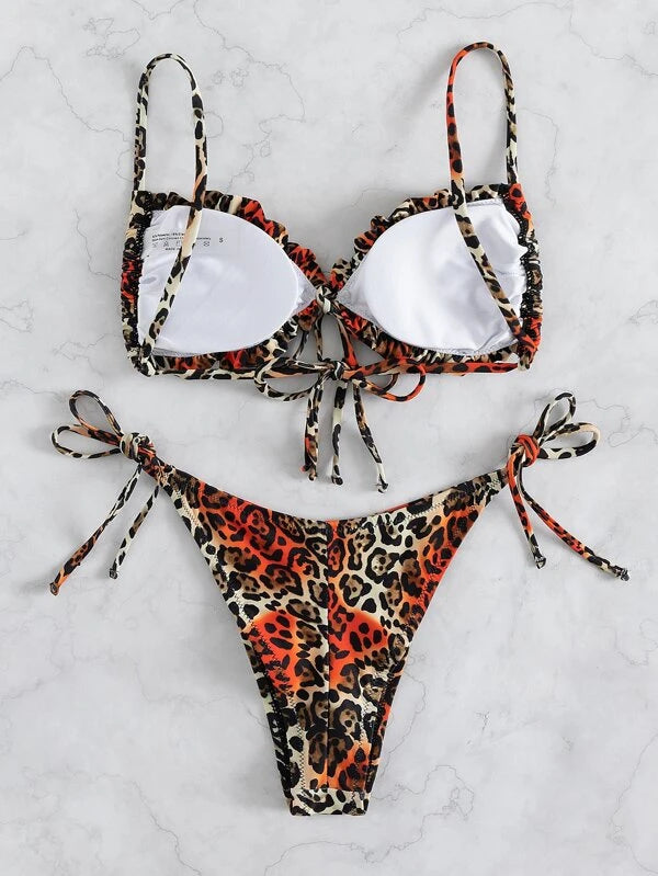 Leopard Frill Trim bikini fürdőruha