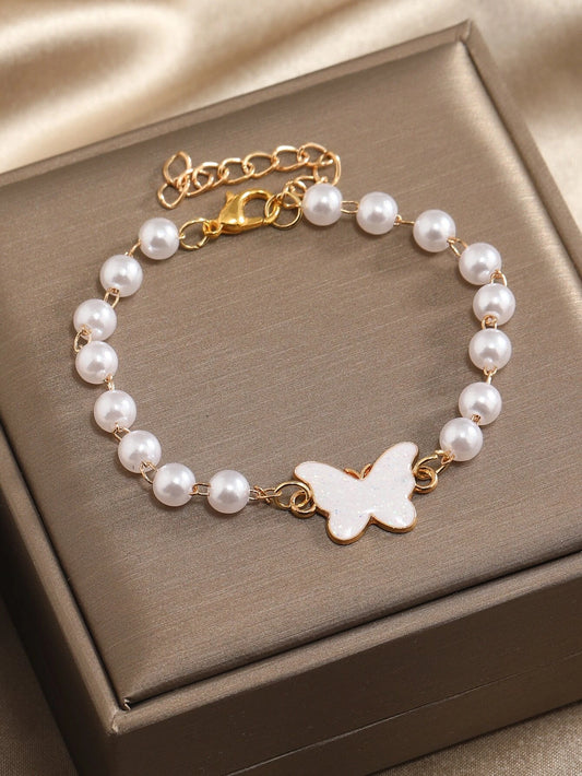 Butterfly & Faux Pearl Decor Bracelet