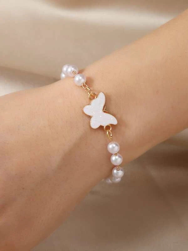 Butterfly & Faux Pearl Decor Bracelet
