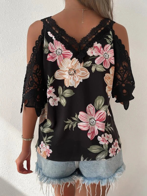 Cold Shoulder Guipure Lace Blouse
