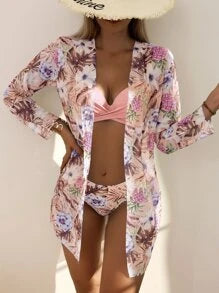 Floral Twist Push Up Bikini Swimsuit With Kimono