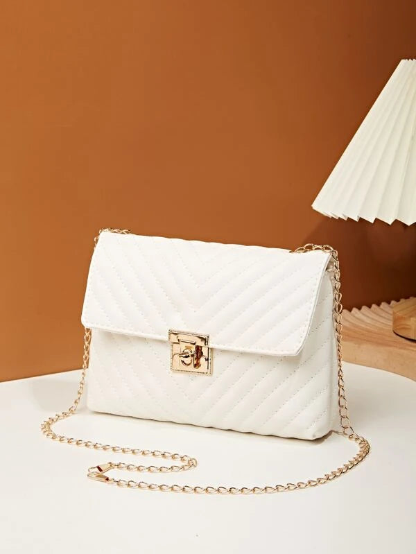 Chevron Detail Twist Lock Flap Chain Square Bag
