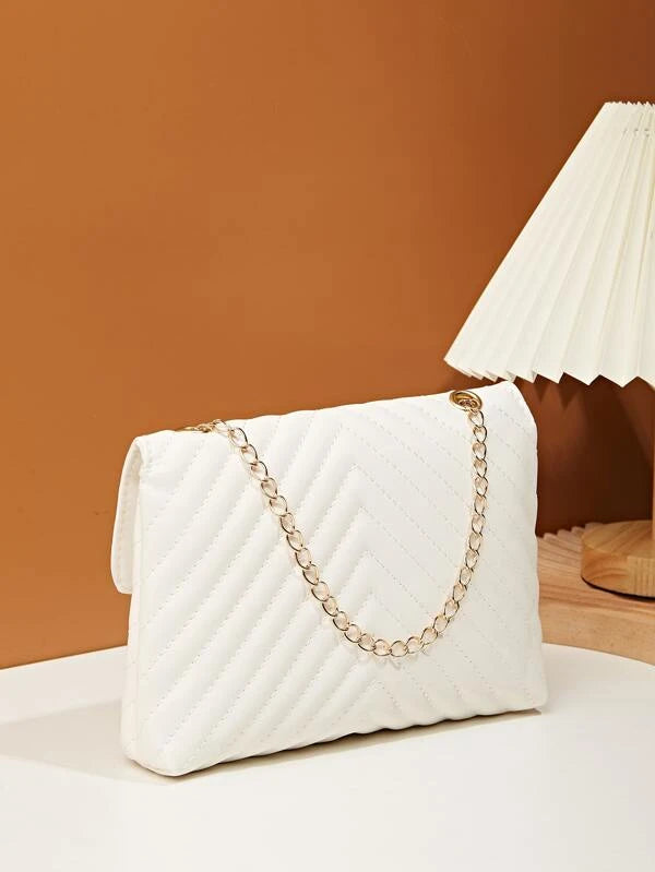 Chevron Detail Twist Lock Flap Chain Square Bag