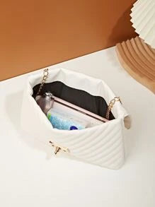 Chevron Detail Twist Lock Flap Chain Square Bag