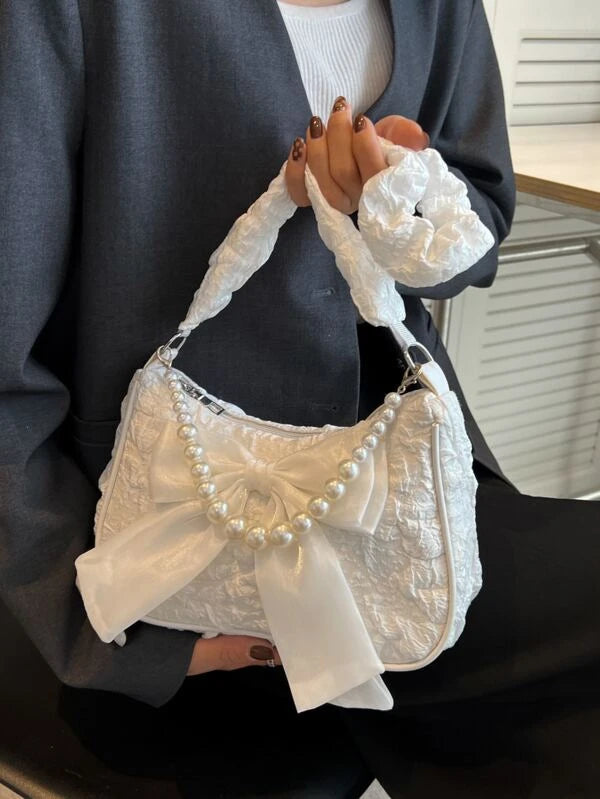 Jacquard Bow & Faux Pearl Decor Baguette Bag