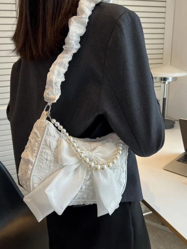 Jacquard Bow & Faux Pearl Decor Baguette Bag