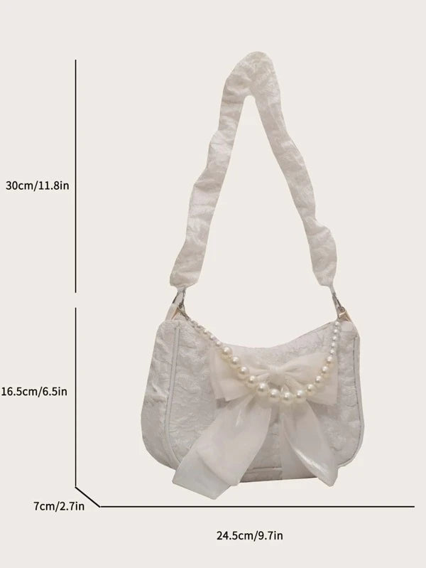Jacquard Bow & Faux Pearl Decor Baguette Bag