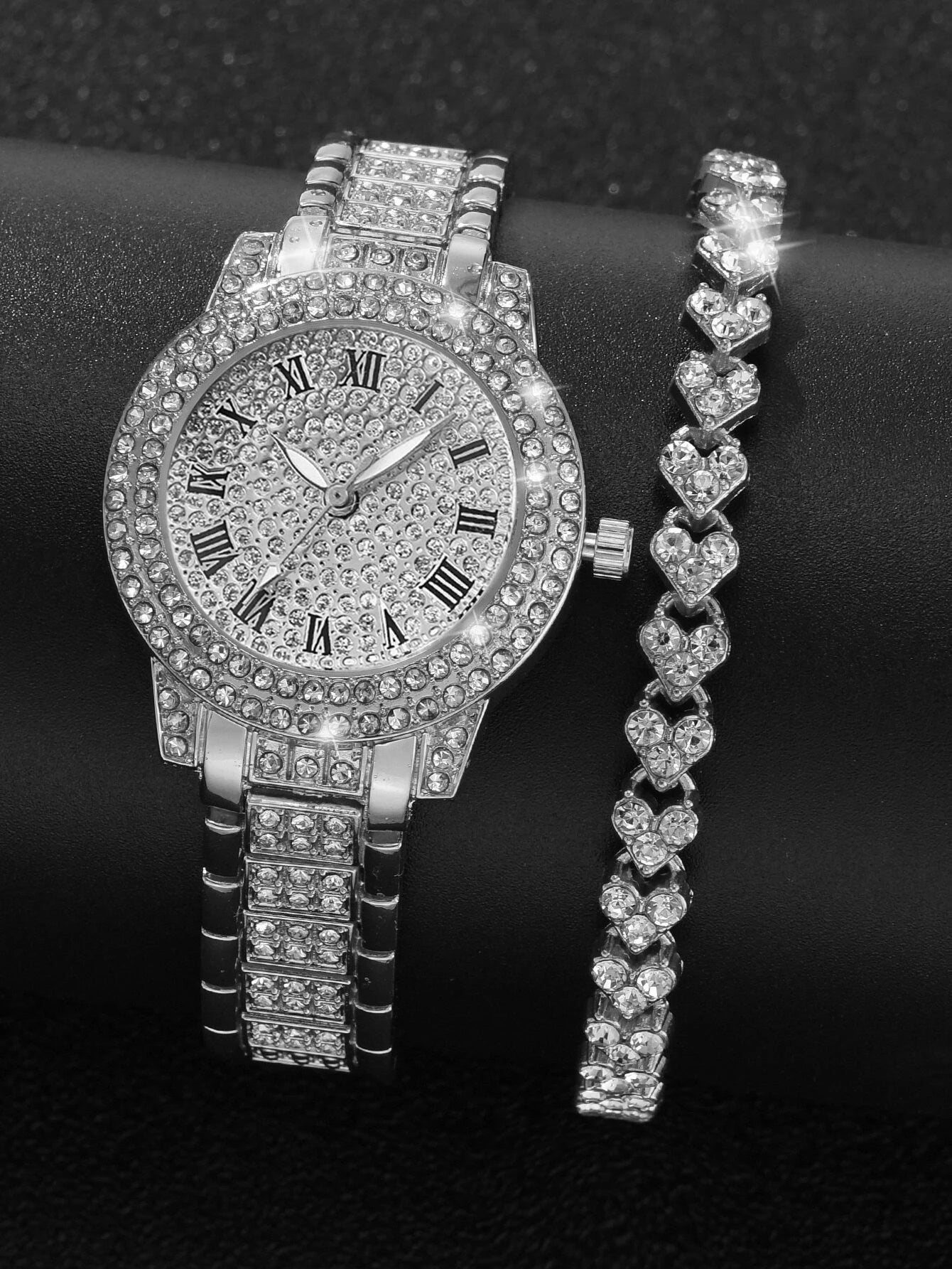 1pc Rhinestone Decor Round Pointer Quartz Watch & 1pc Bracelet