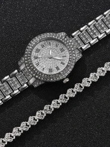 1pc Rhinestone Decor Round Pointer Quartz Watch & 1pc Bracelet