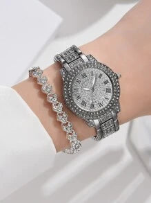 1pc Rhinestone Decor Round Pointer Quartz Watch & 1pc Bracelet