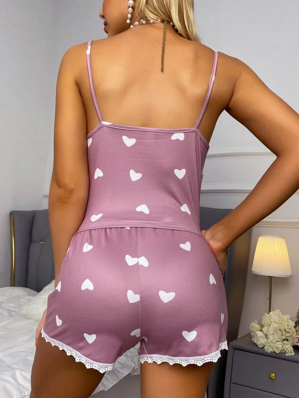 Heart Print Lace Trim PJ Set