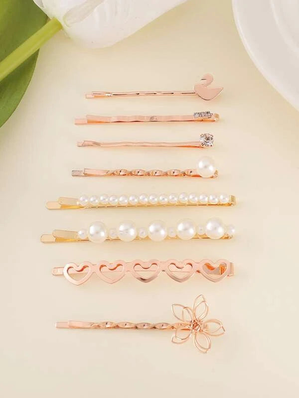 8pcs Faux Pearl Flower Decor Hair Clip