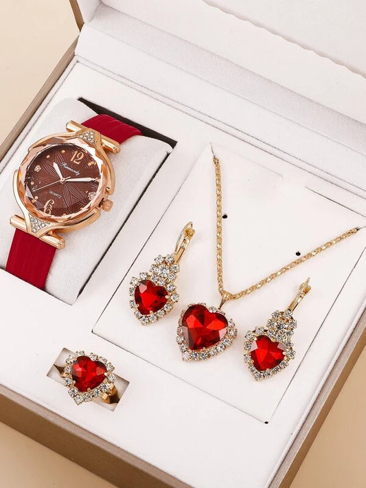 1pc Rhinestone Decor Round Pointer Quartz Watch & 4pcs Jewelry Set